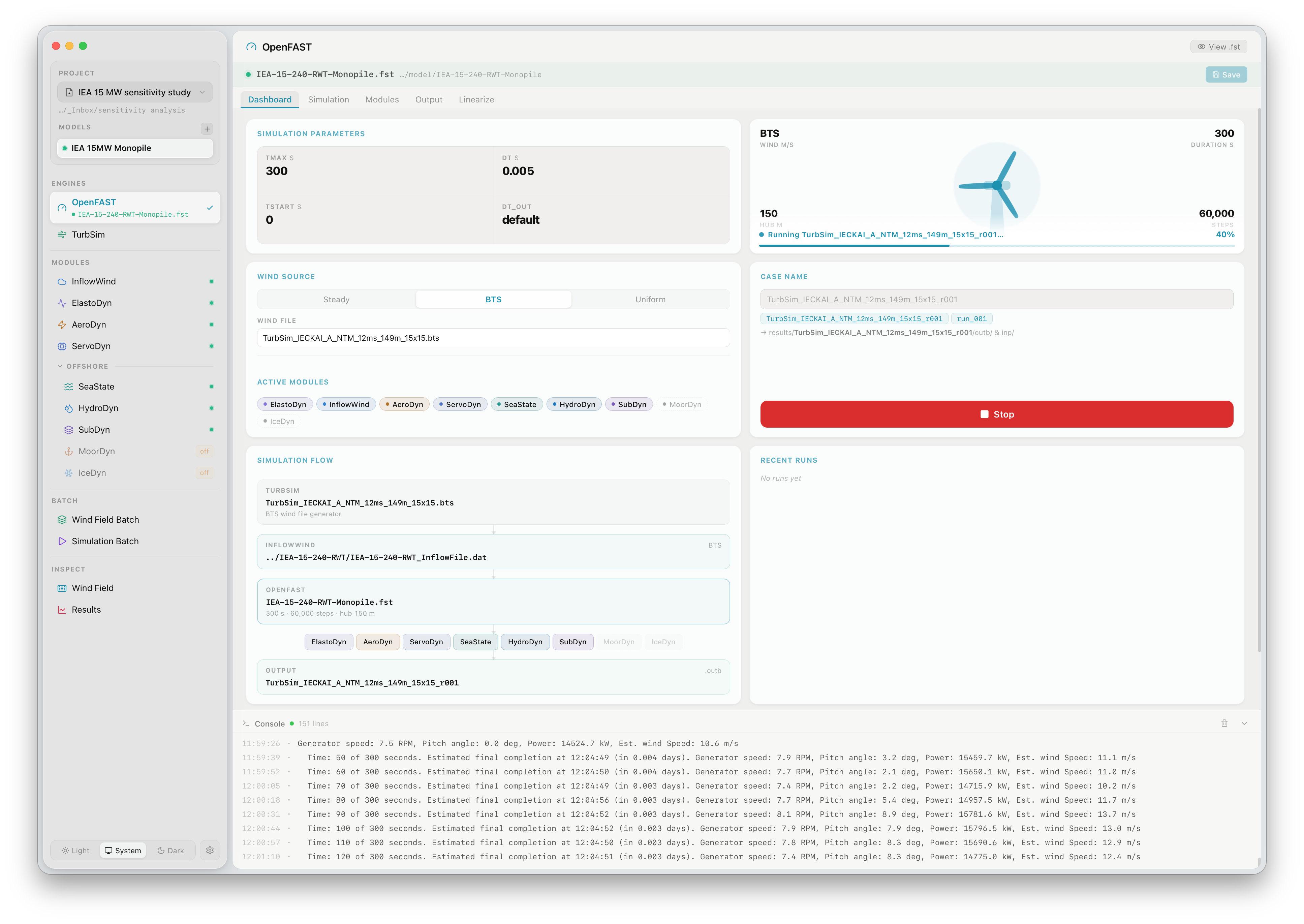 OpenFAST running with console output