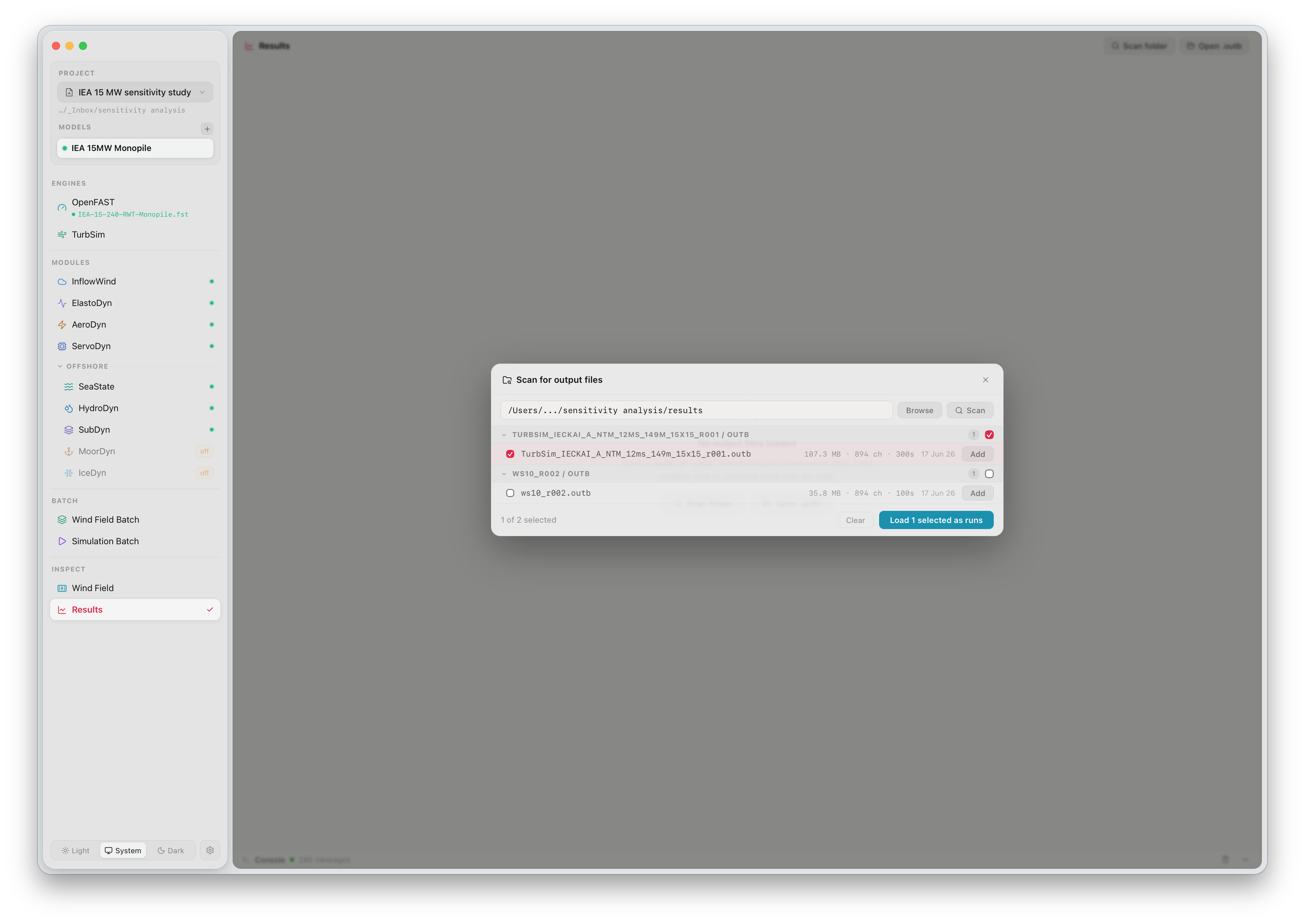 Scan for output files modal