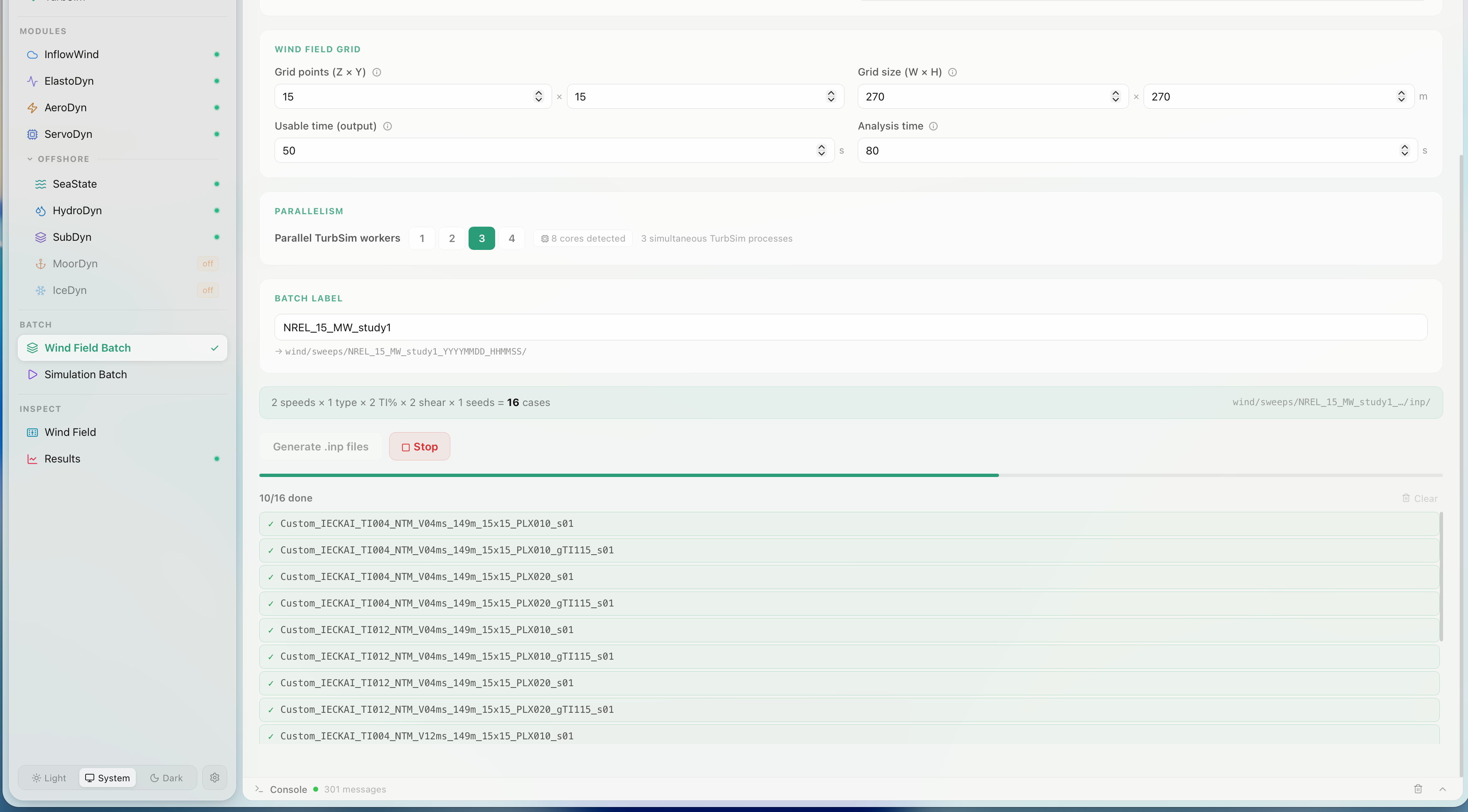 Wind Field Batch running — progress list with case names